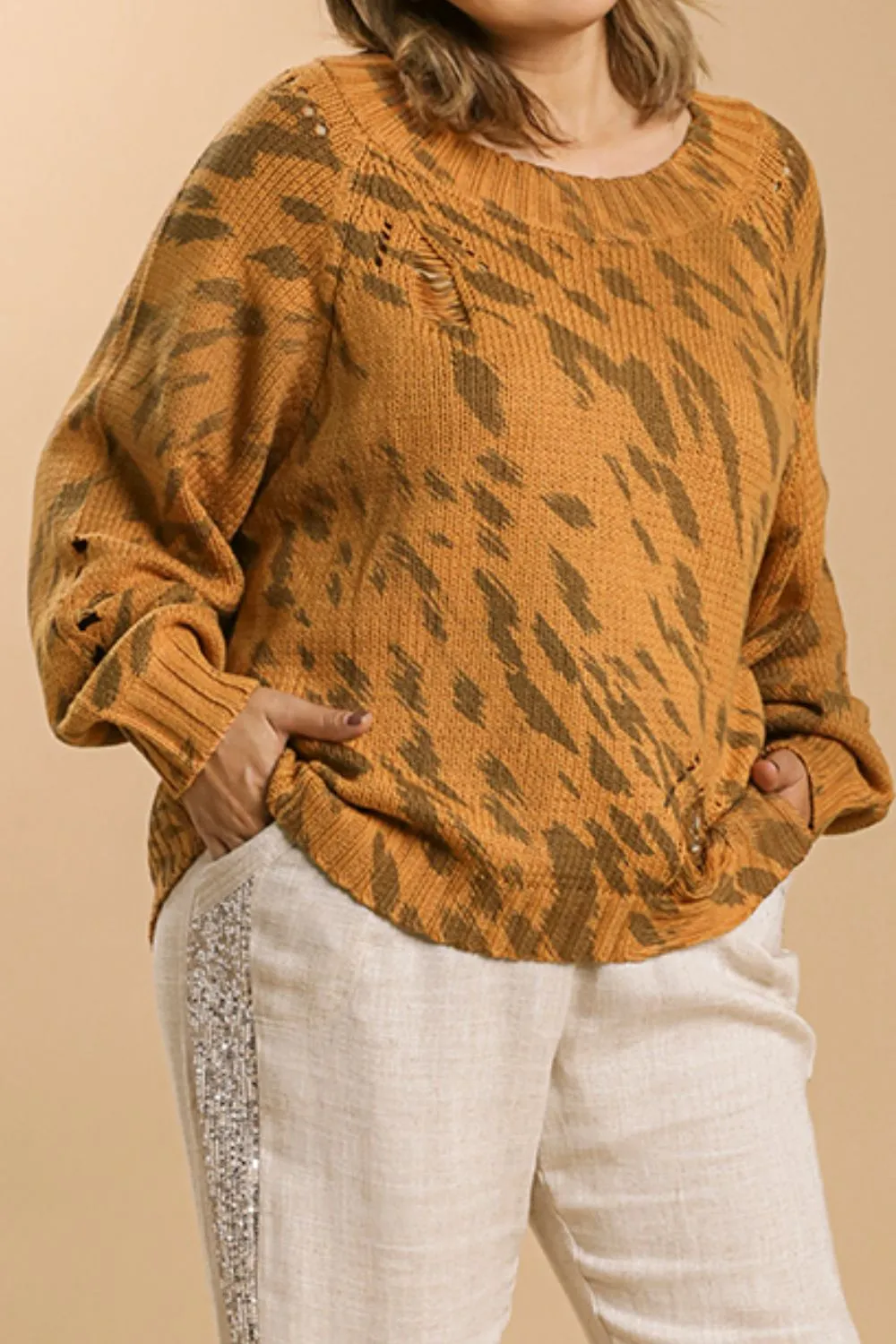 Plus Size Animal Print Round Neck Distressed Detail Sweater