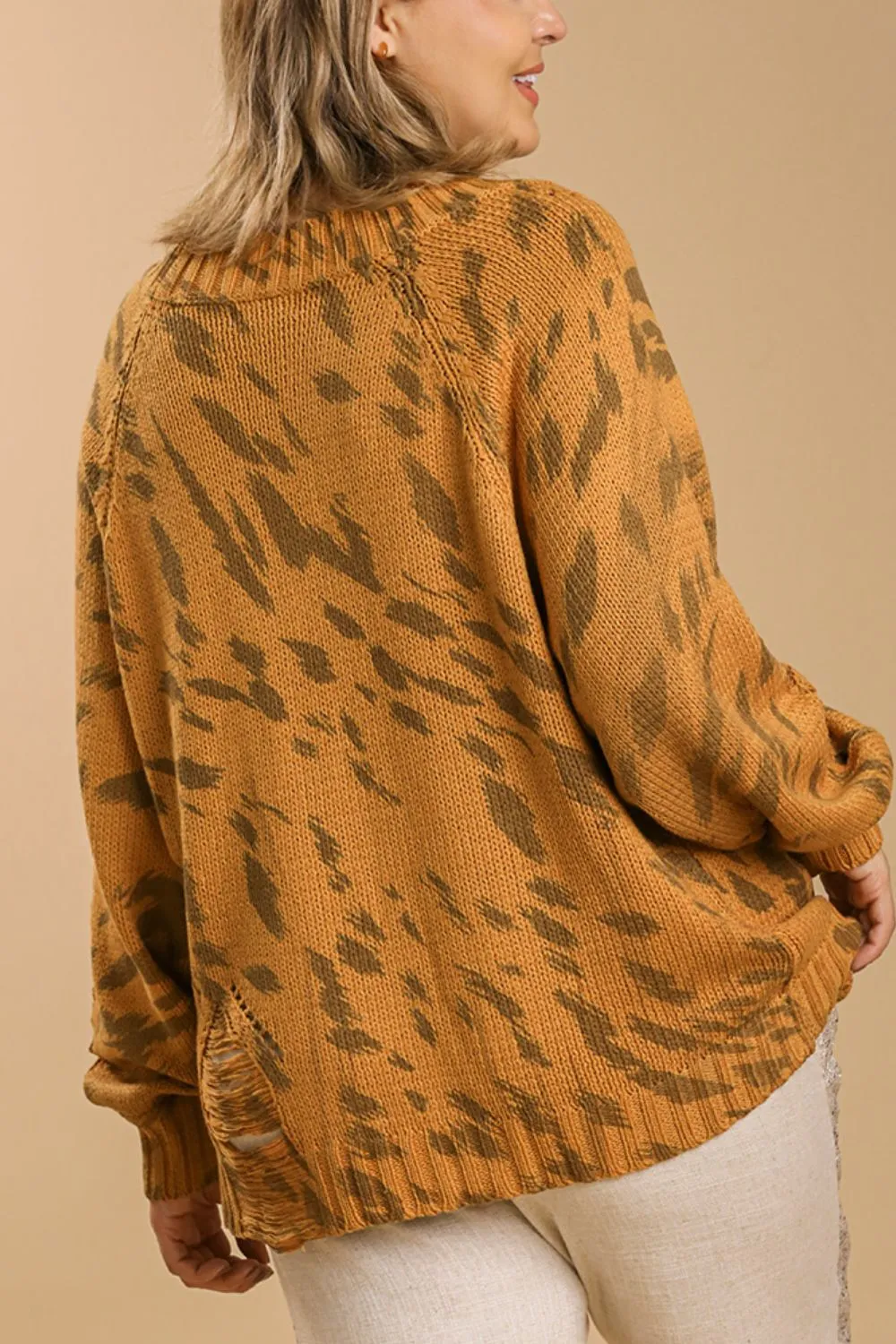 Plus Size Animal Print Round Neck Distressed Detail Sweater