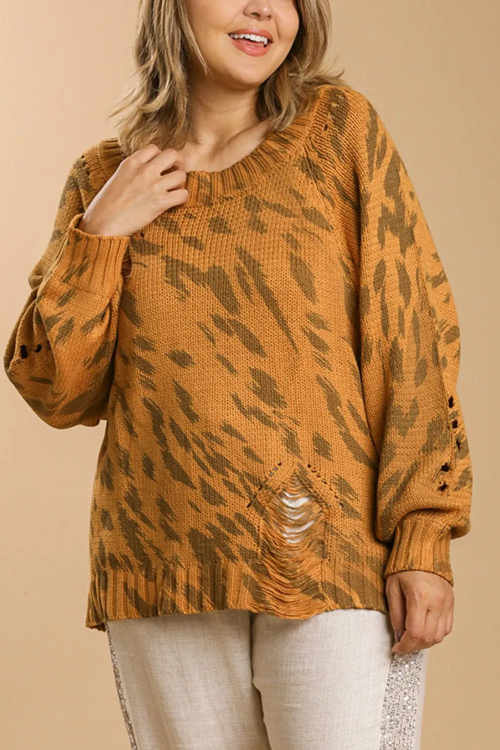 Plus Size Animal Print Round Neck Distressed Detail Sweater