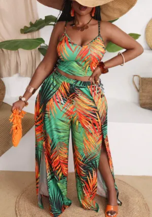 Plus Size Vacation Casual Floral Print Camisole & Split Leg Pants 2 Piece Set