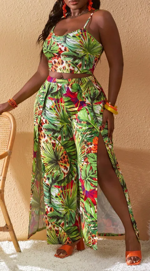 Plus Size Vacation Casual Floral Print Camisole & Split Leg Pants 2 Piece Set