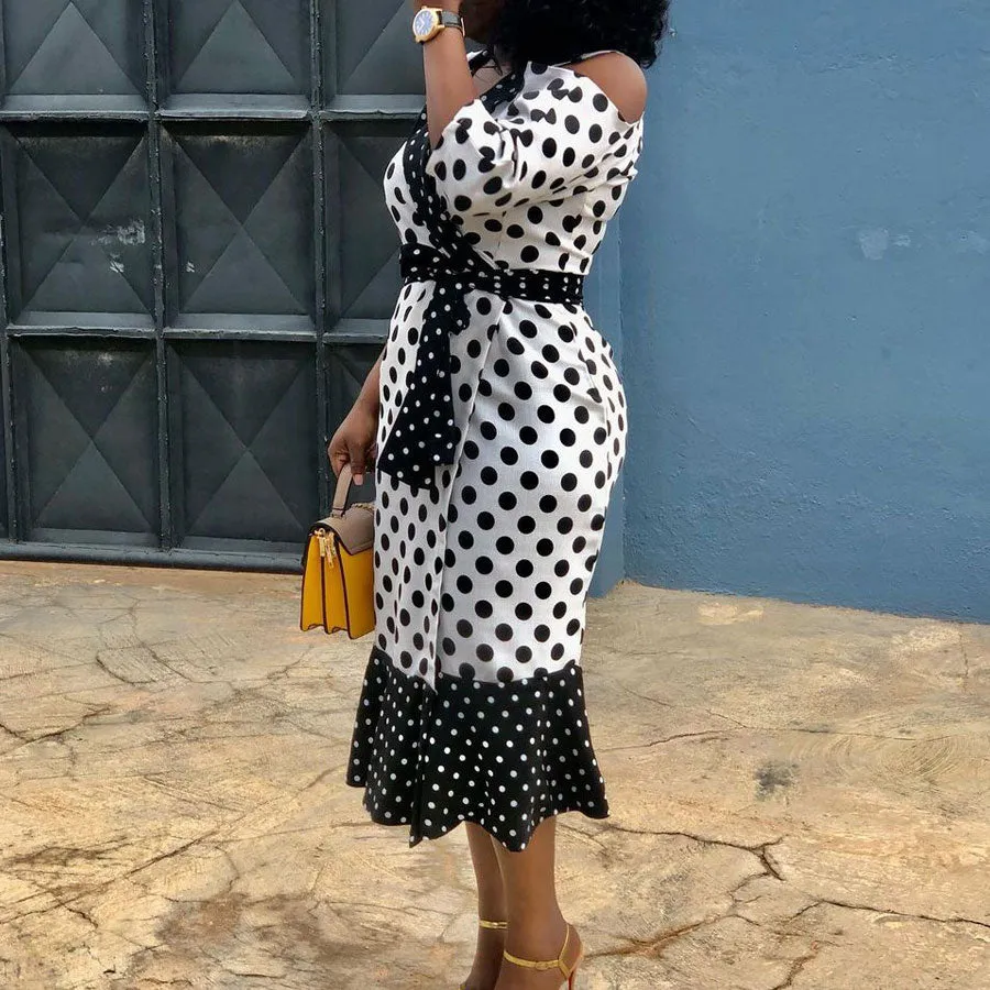 Polka Dot Print Cold Shoulder Fishtail Dress