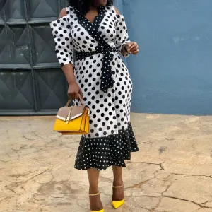 Polka Dot Print Cold Shoulder Fishtail Dress