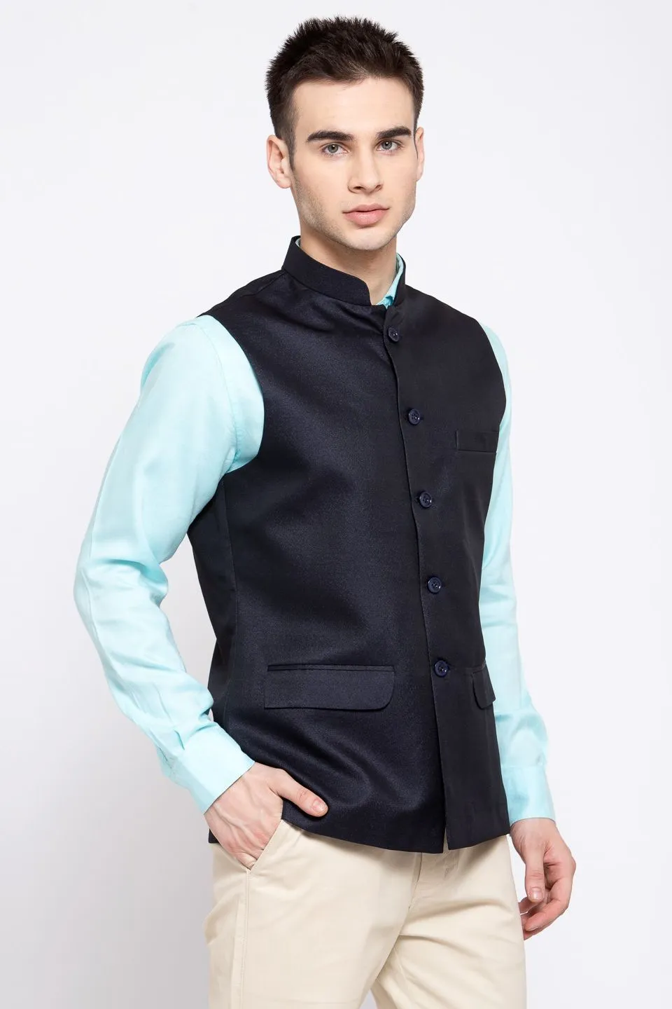 Poly Blend Dark Blue Nehru Jacket