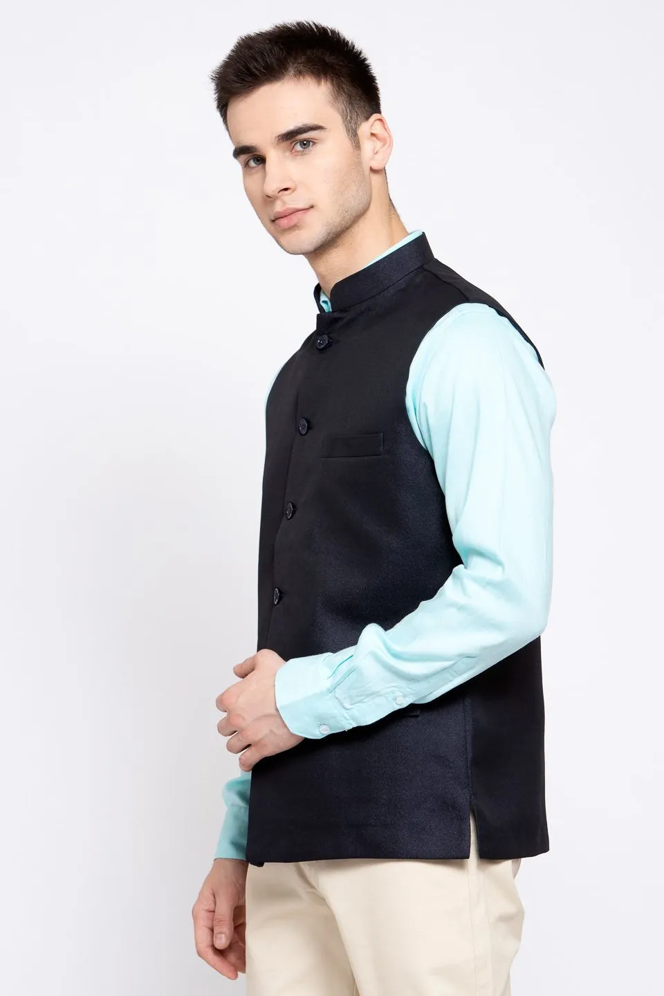 Poly Blend Dark Blue Nehru Jacket