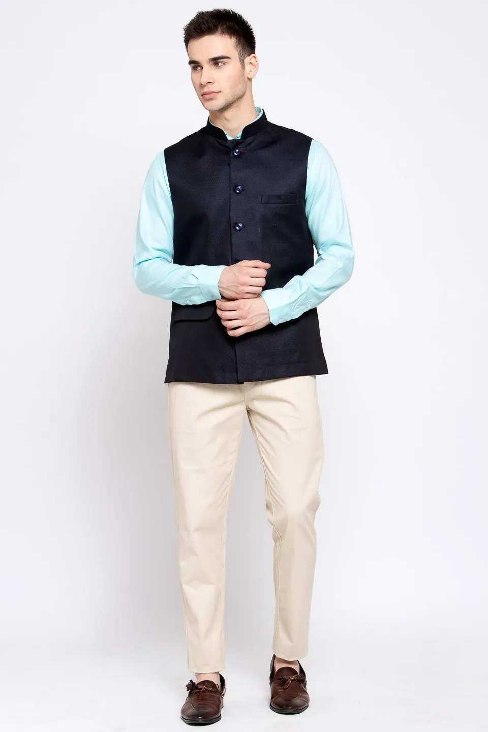 Poly Blend Dark Blue Nehru Jacket