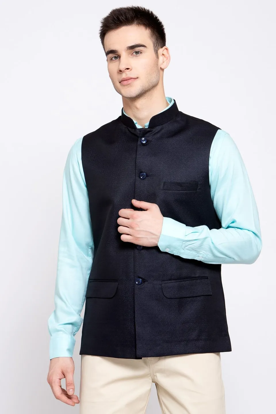 Poly Blend Dark Blue Nehru Jacket