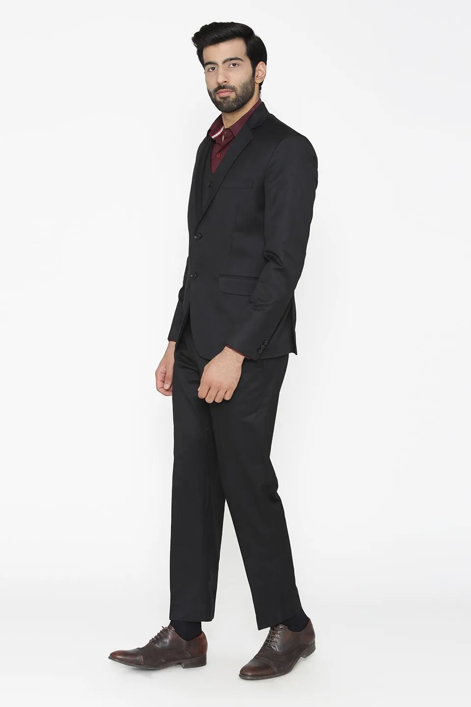 Polyester Cotton Black Three Piece Suit