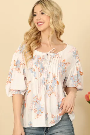 Puff Sleeve Boat Neck Pleated Detail Floral Top