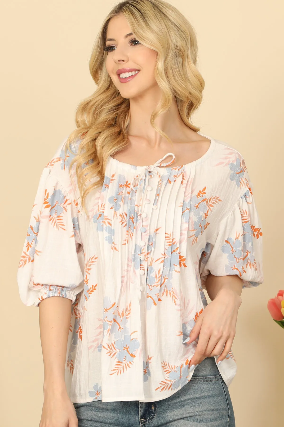 Puff Sleeve Boat Neck Pleated Detail Floral Top