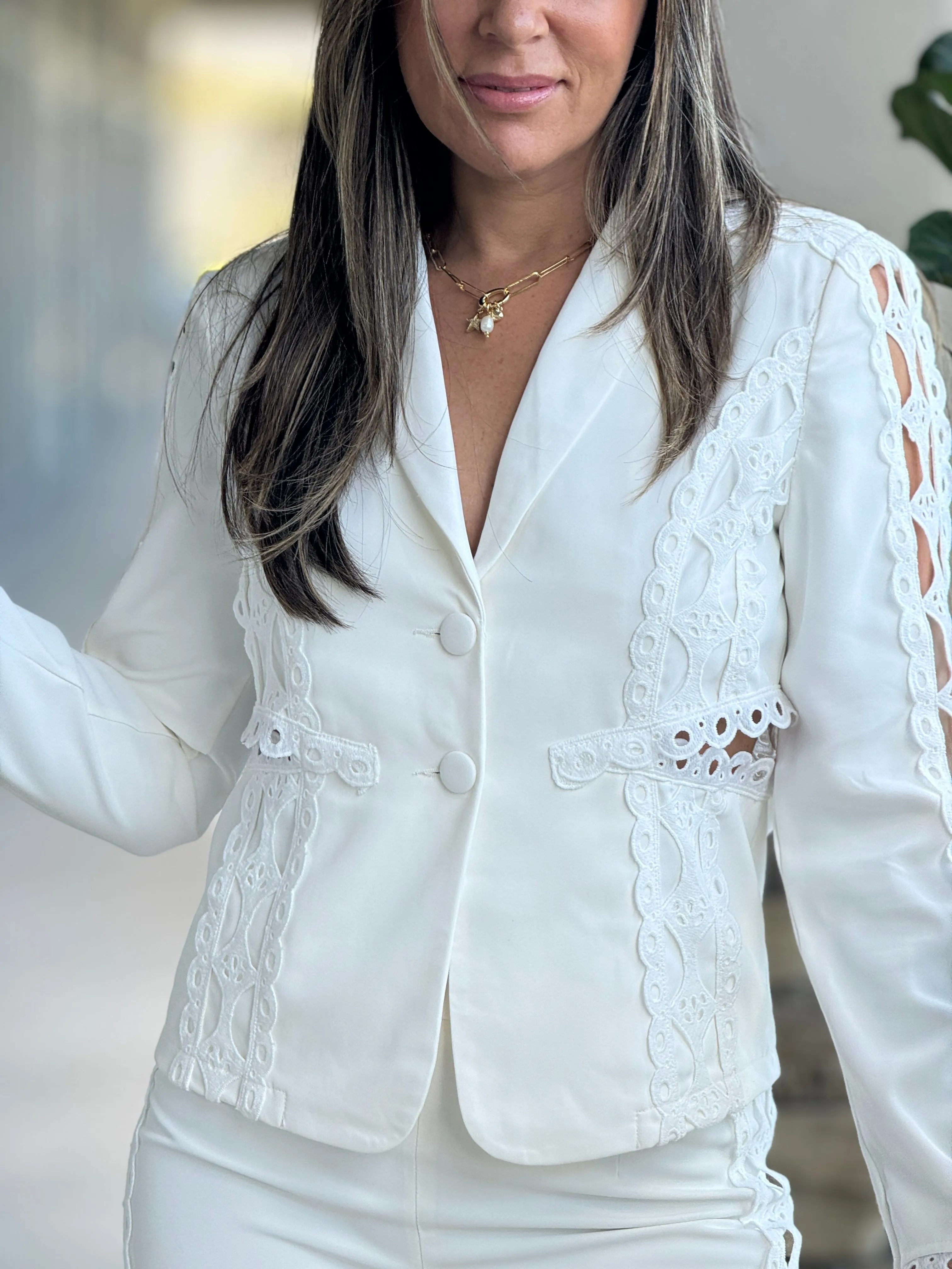 "Melissa" Long Sleeve Blazer And Crochet Details Matching Pants Set