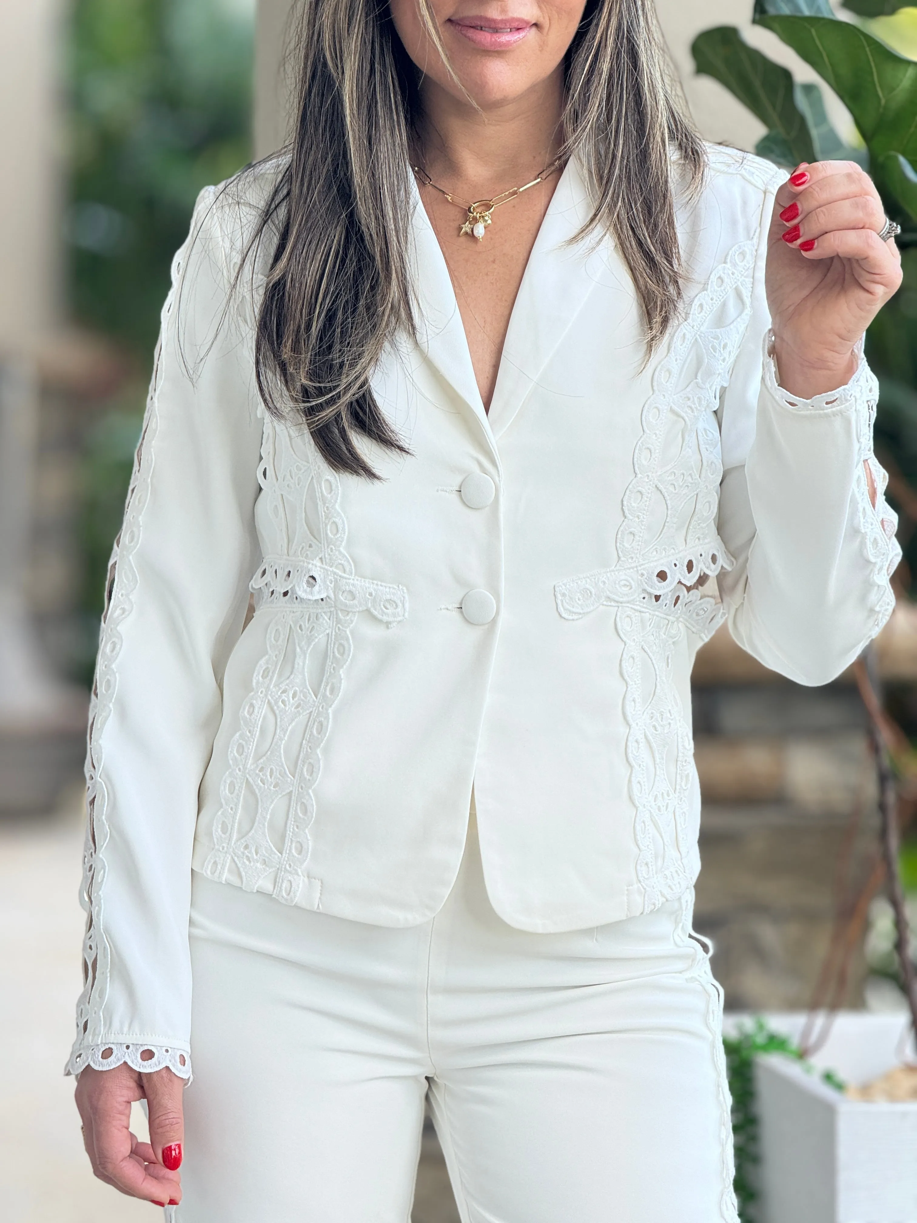 "Melissa" Long Sleeve Blazer And Crochet Details Matching Pants Set