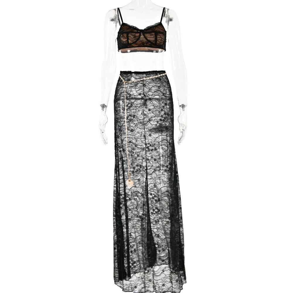 REALAIOT 2025 cross-border sexy babes suspender backless two-piece fashion sexy evening dress mopping floor fishtail dress set