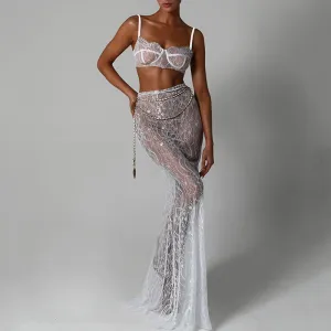 REALAIOT 2025 cross-border sexy babes suspender backless two-piece fashion sexy evening dress mopping floor fishtail dress set