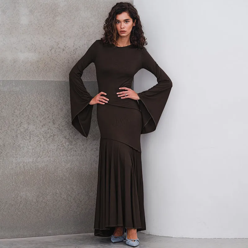REALAIOT  Sanhu Lianjiang F24DS341 2025 women's clothing autumn and winter solid color horn sleeves waist elegant fishtail skirt cross-border wholesale