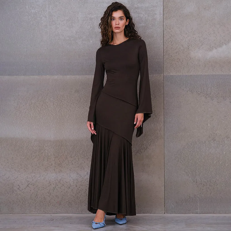 REALAIOT  Sanhu Lianjiang F24DS341 2025 women's clothing autumn and winter solid color horn sleeves waist elegant fishtail skirt cross-border wholesale