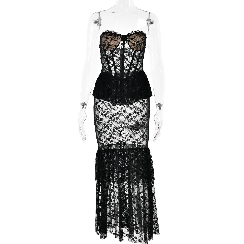 REALAIOT wishes autumn and winter new lace perspective tube top fishtail skirt sexy tight Spice girl nightclub style dress
