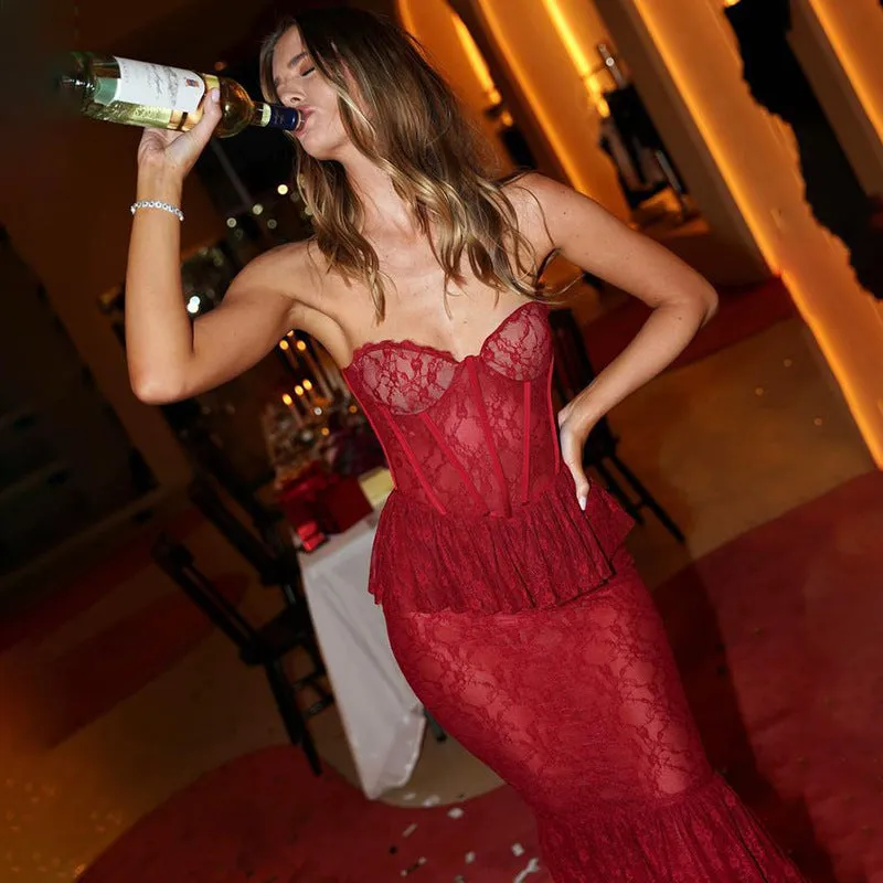 REALAIOT wishes autumn and winter new lace perspective tube top fishtail skirt sexy tight Spice girl nightclub style dress