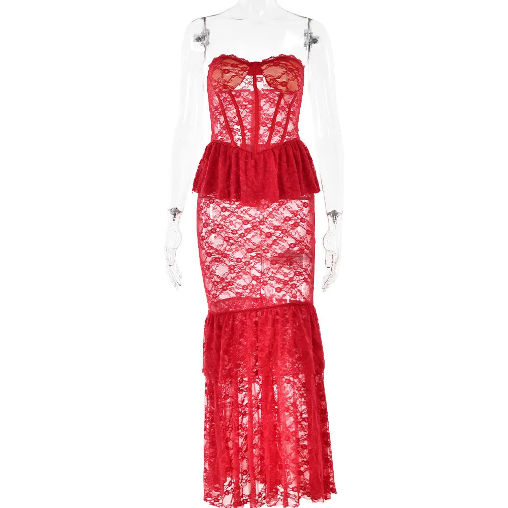 REALAIOT wishes autumn and winter new lace perspective tube top fishtail skirt sexy tight Spice girl nightclub style dress
