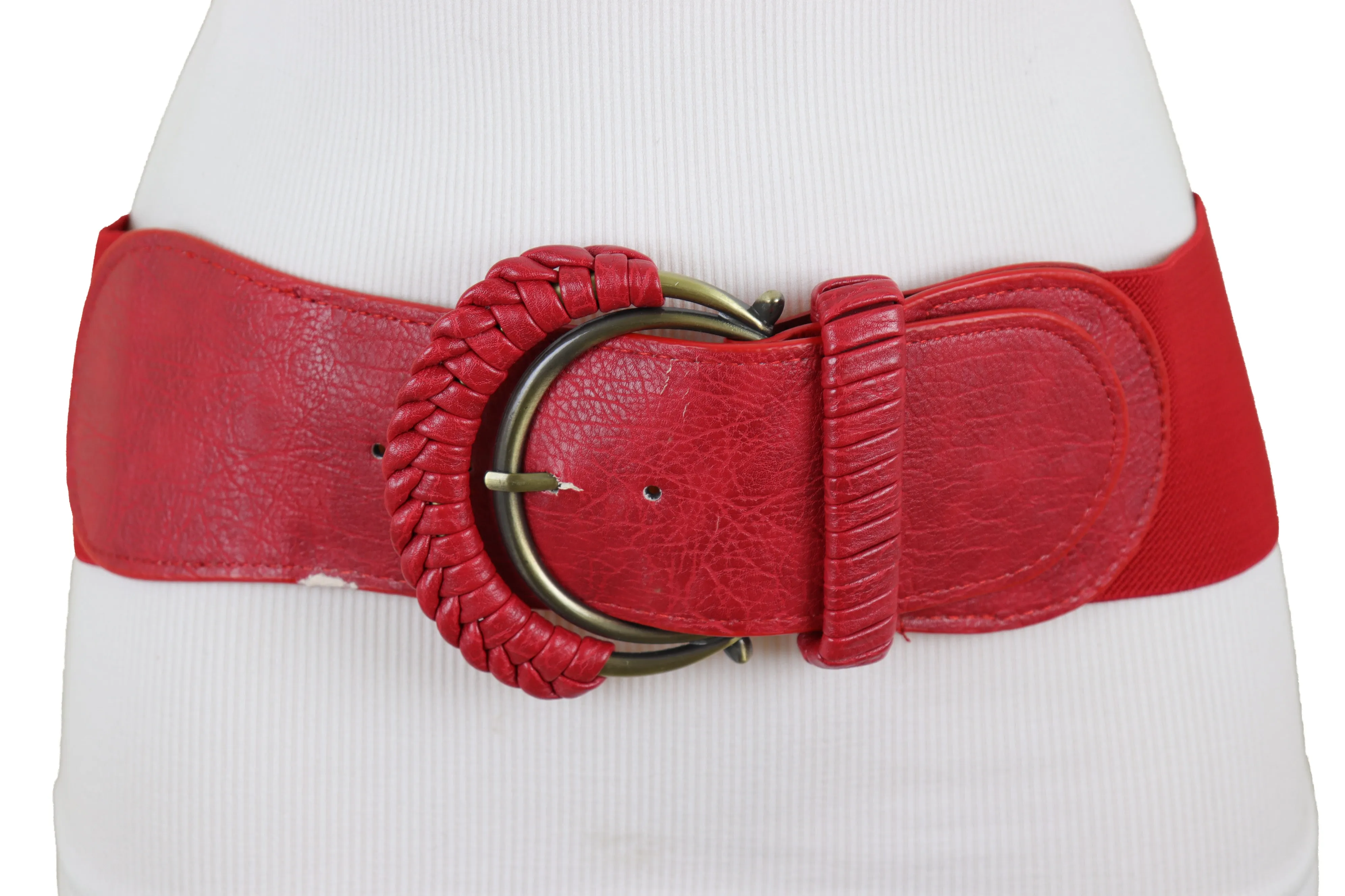 Red Elastic Waistband Belt Hip High Waist Gold Buckle Fit Size S M
