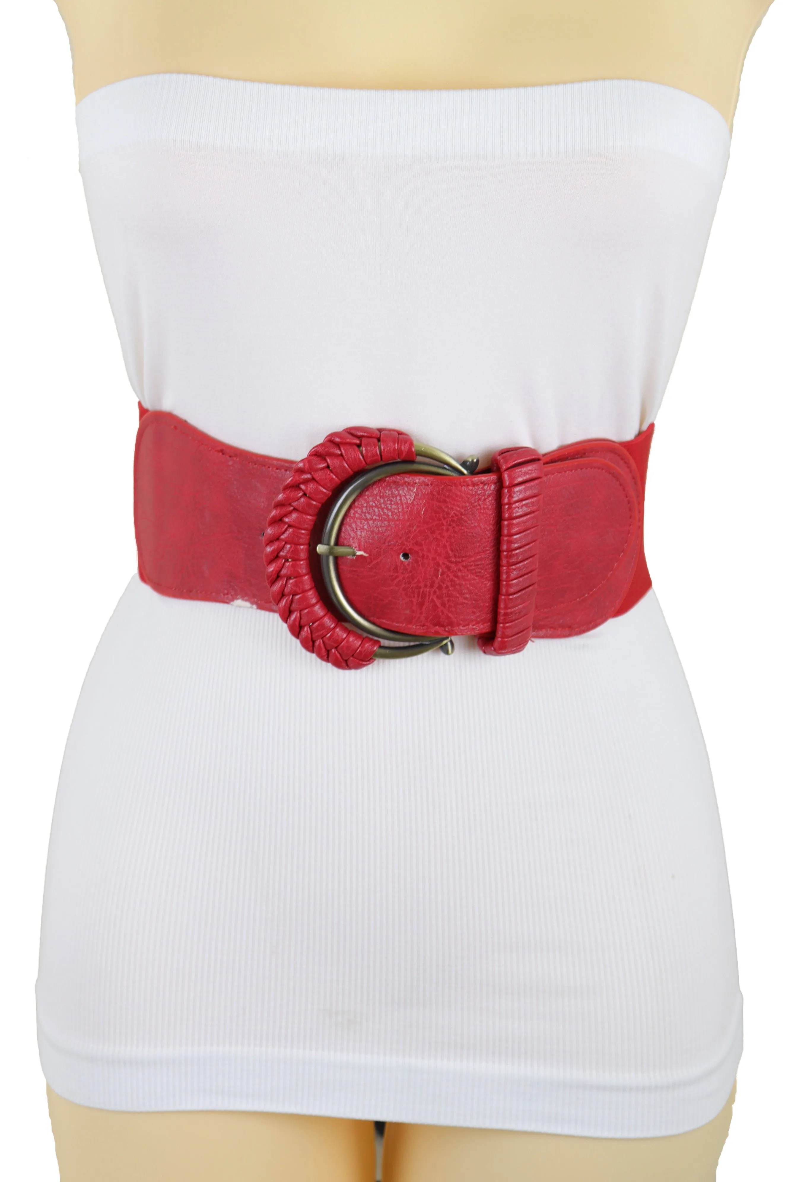 Red Elastic Waistband Belt Hip High Waist Gold Buckle Fit Size S M