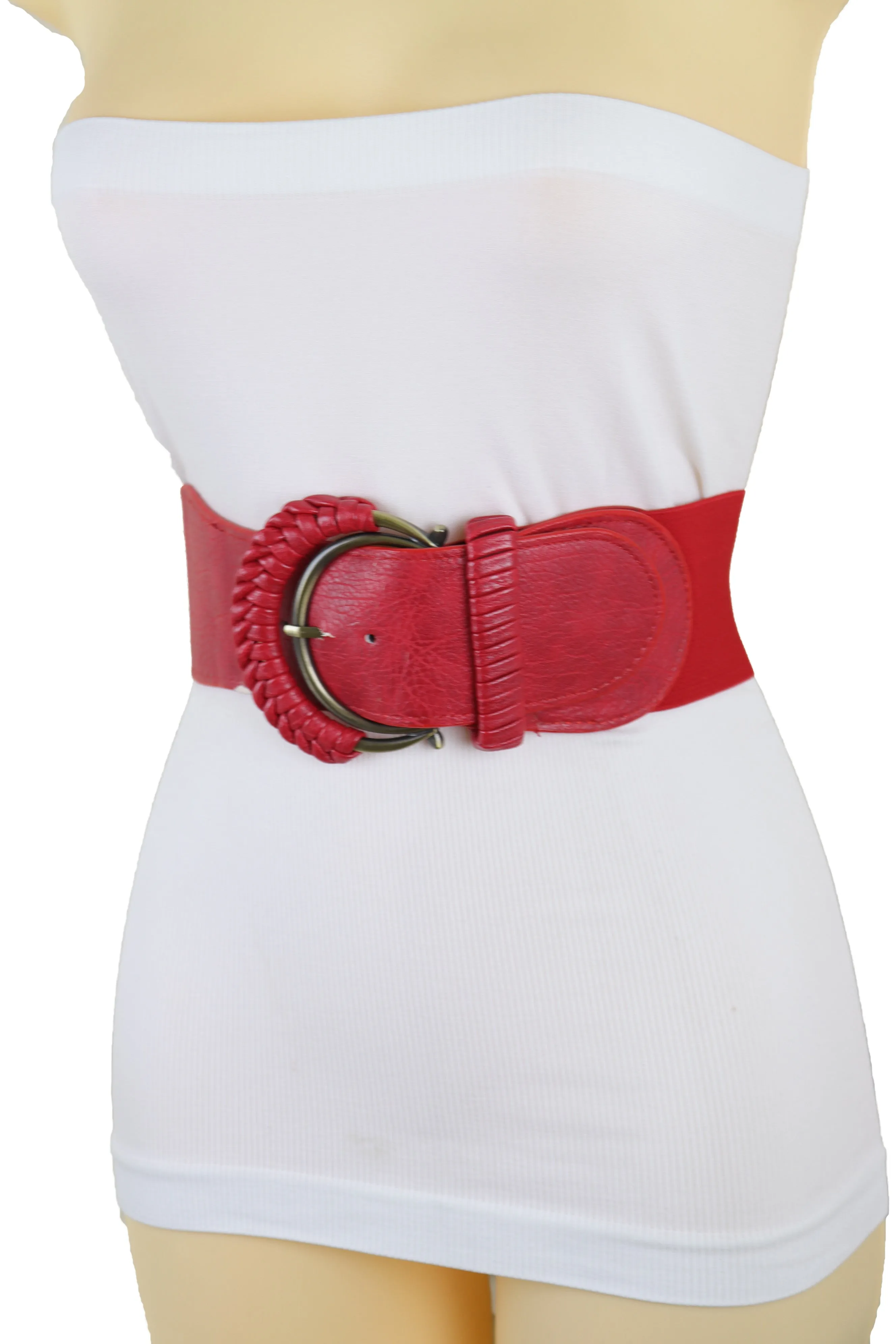 Red Elastic Waistband Belt Hip High Waist Gold Buckle Fit Size S M