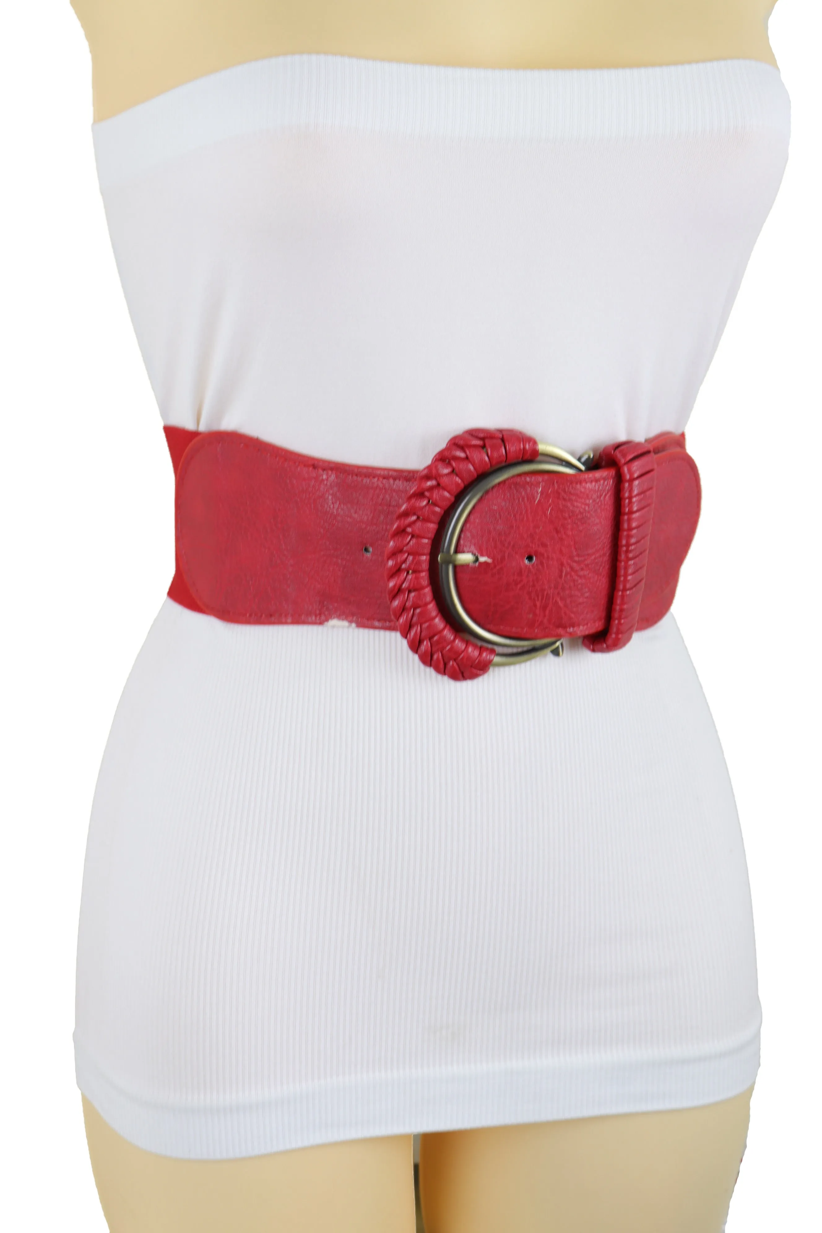Red Elastic Waistband Belt Hip High Waist Gold Buckle Fit Size S M