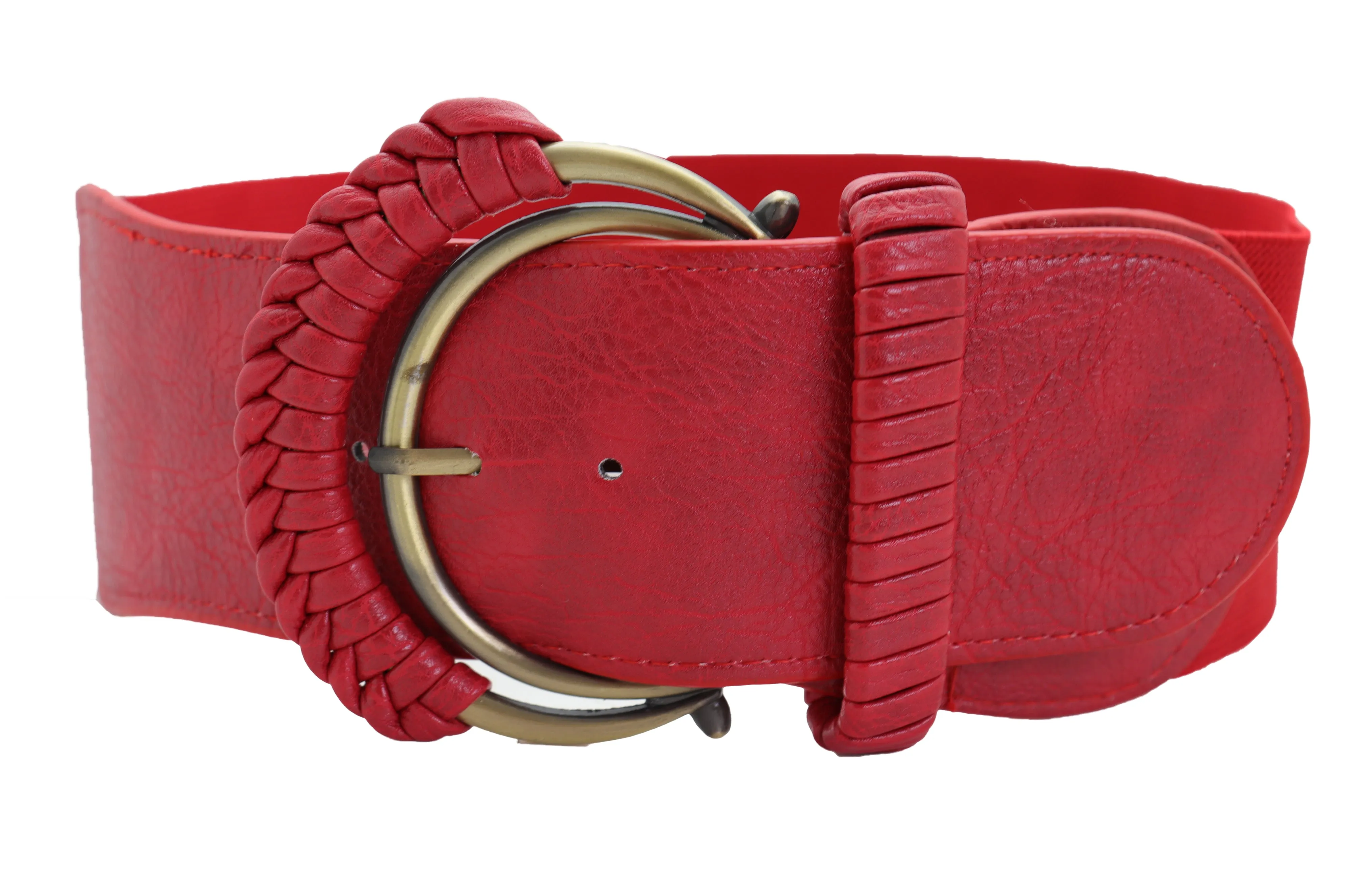Red Elastic Waistband Belt Hip High Waist Gold Buckle Fit Size S M
