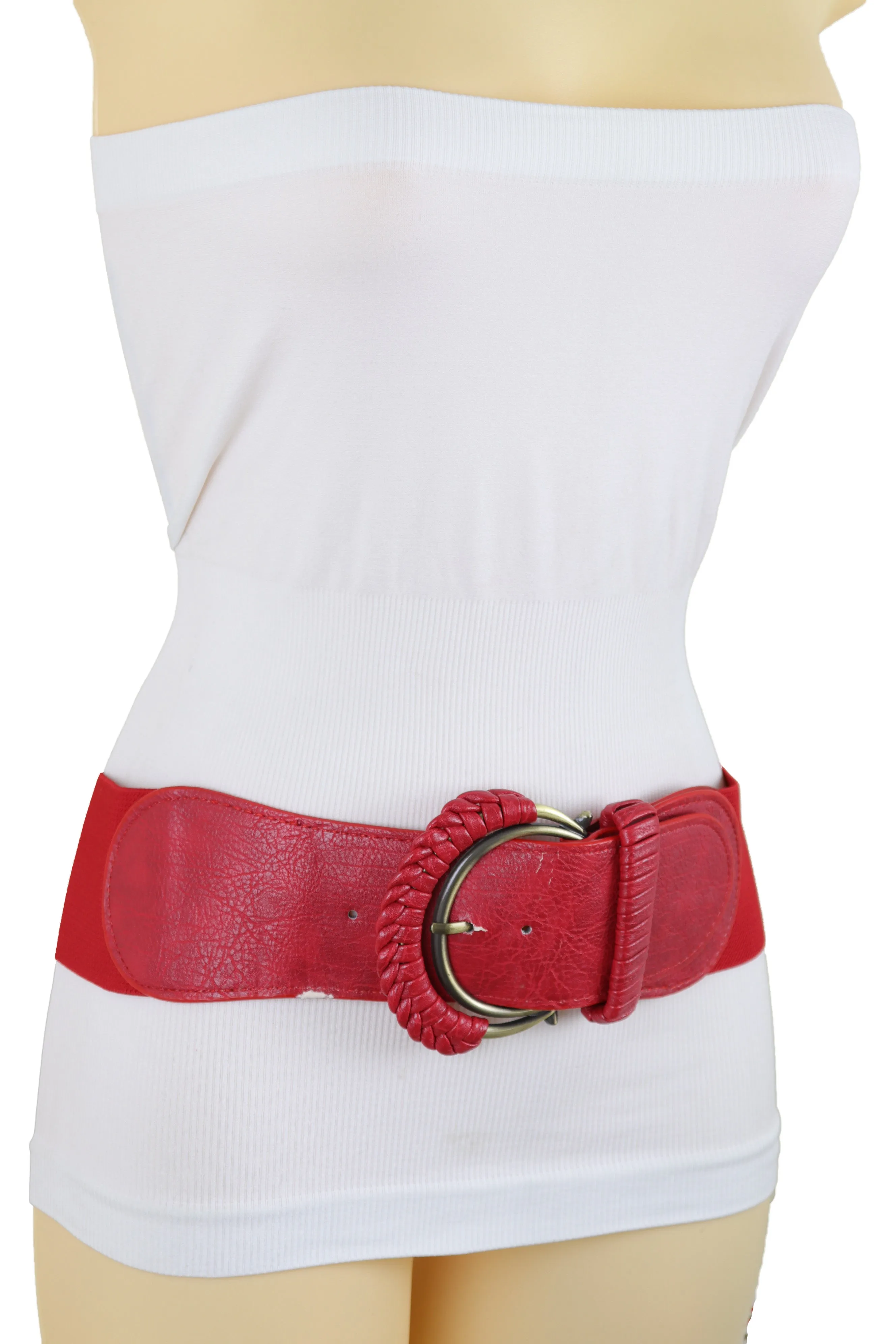 Red Elastic Waistband Belt Hip High Waist Gold Buckle Fit Size S M
