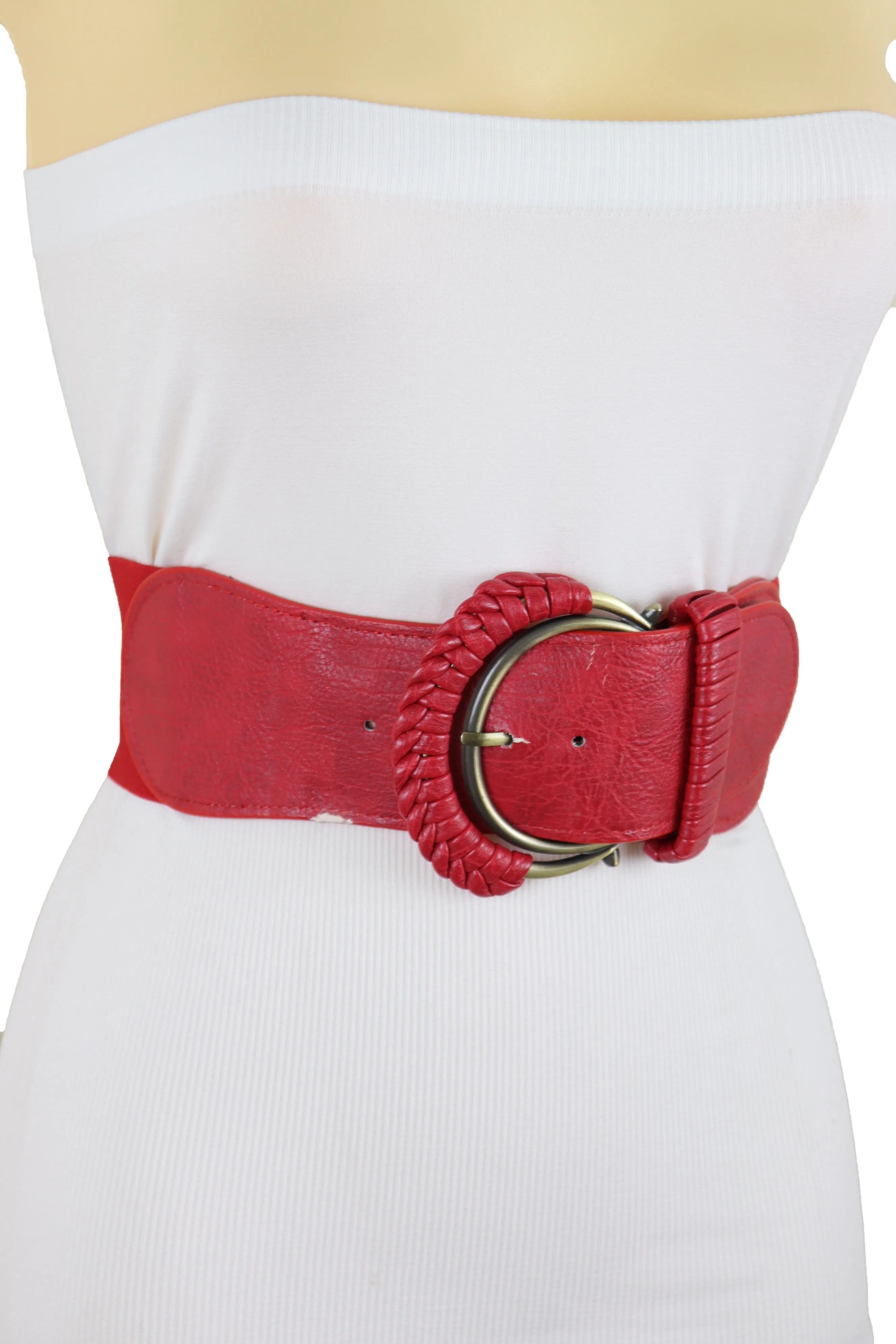 Red Elastic Waistband Belt Hip High Waist Gold Buckle Fit Size S M