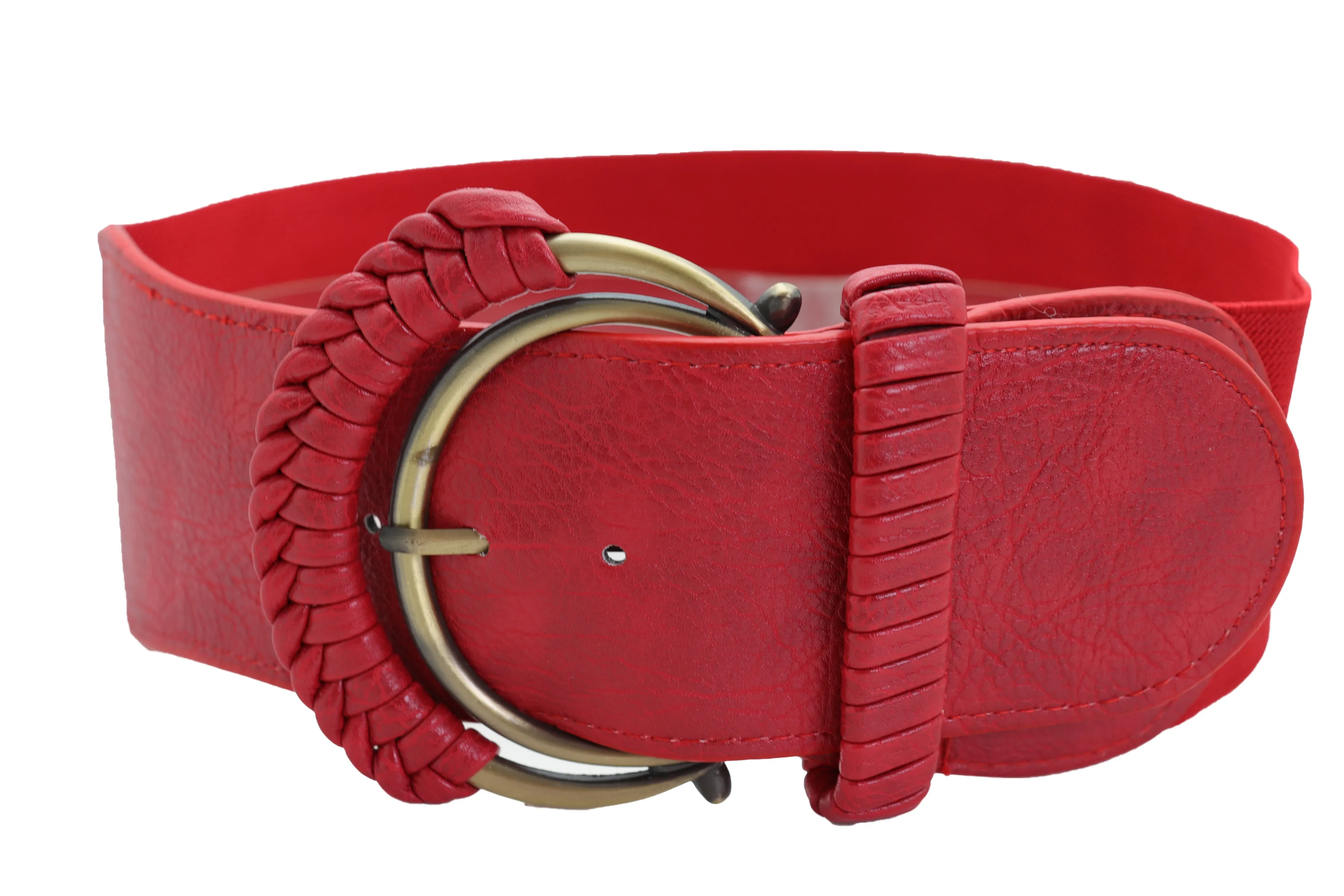 Red Elastic Waistband Belt Hip High Waist Gold Buckle Fit Size S M