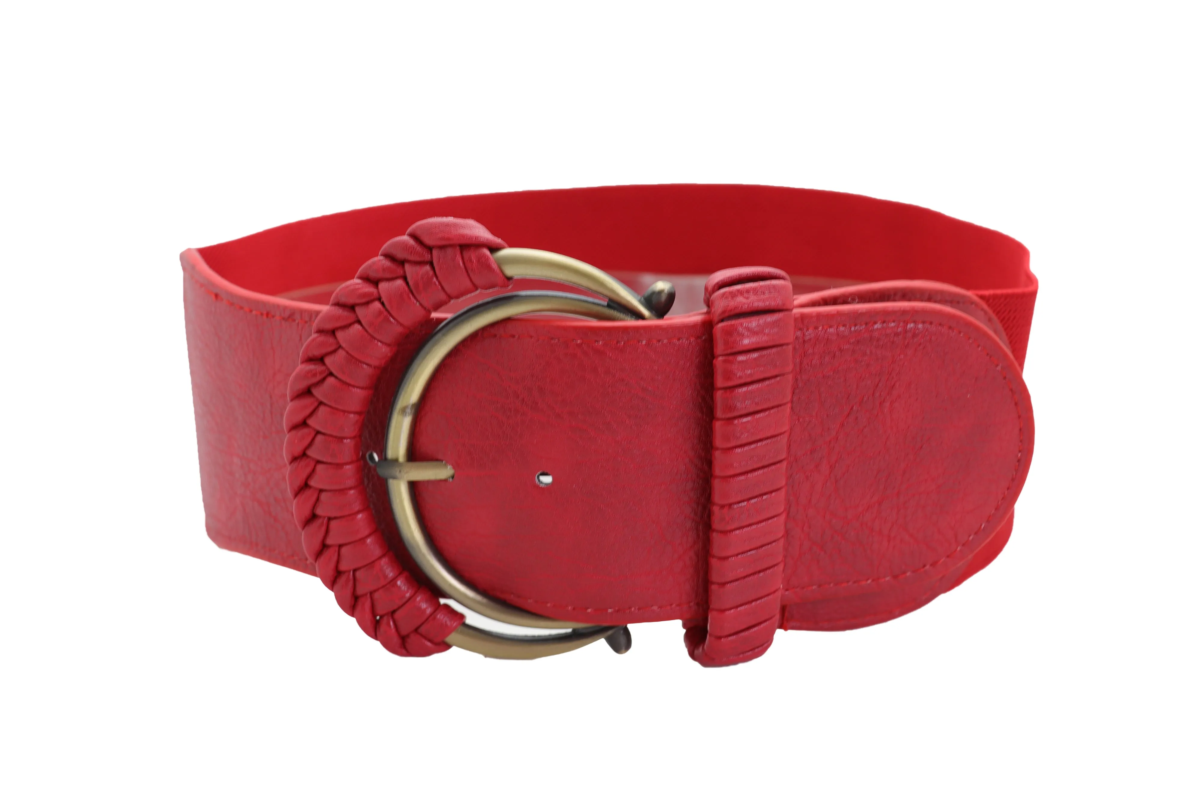Red Elastic Waistband Belt Hip High Waist Gold Buckle Fit Size S M