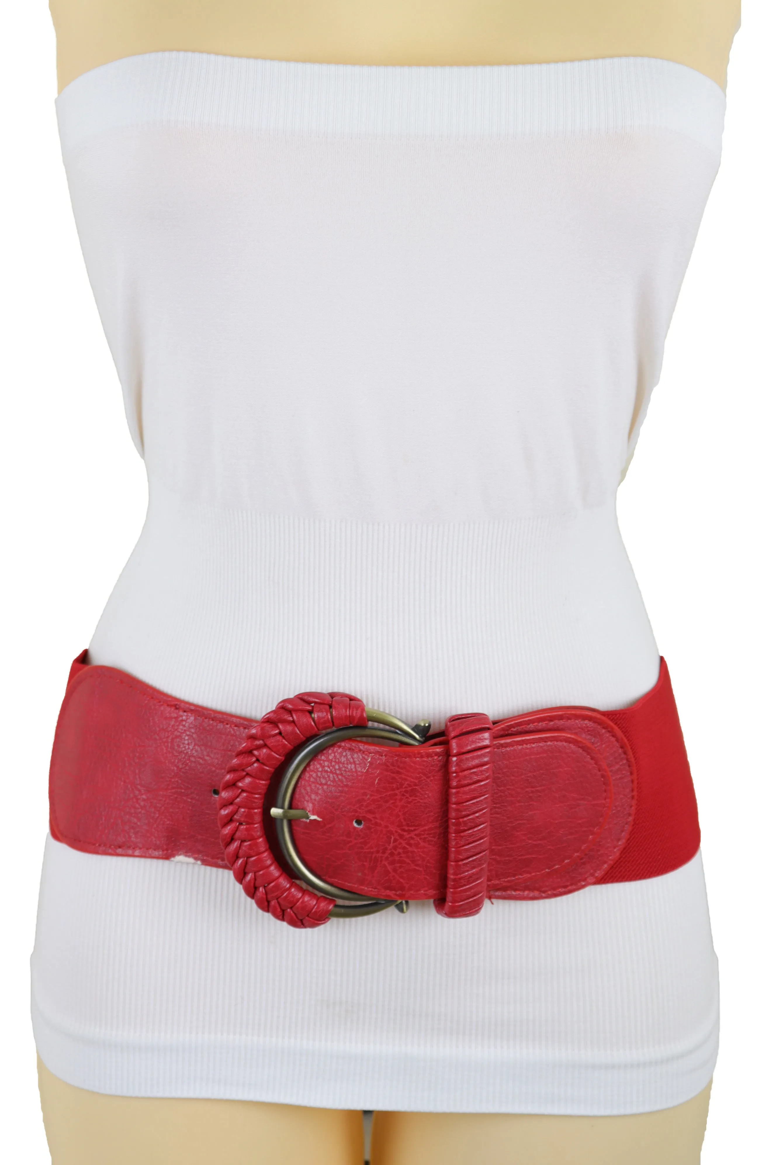Red Elastic Waistband Belt Hip High Waist Gold Buckle Fit Size S M