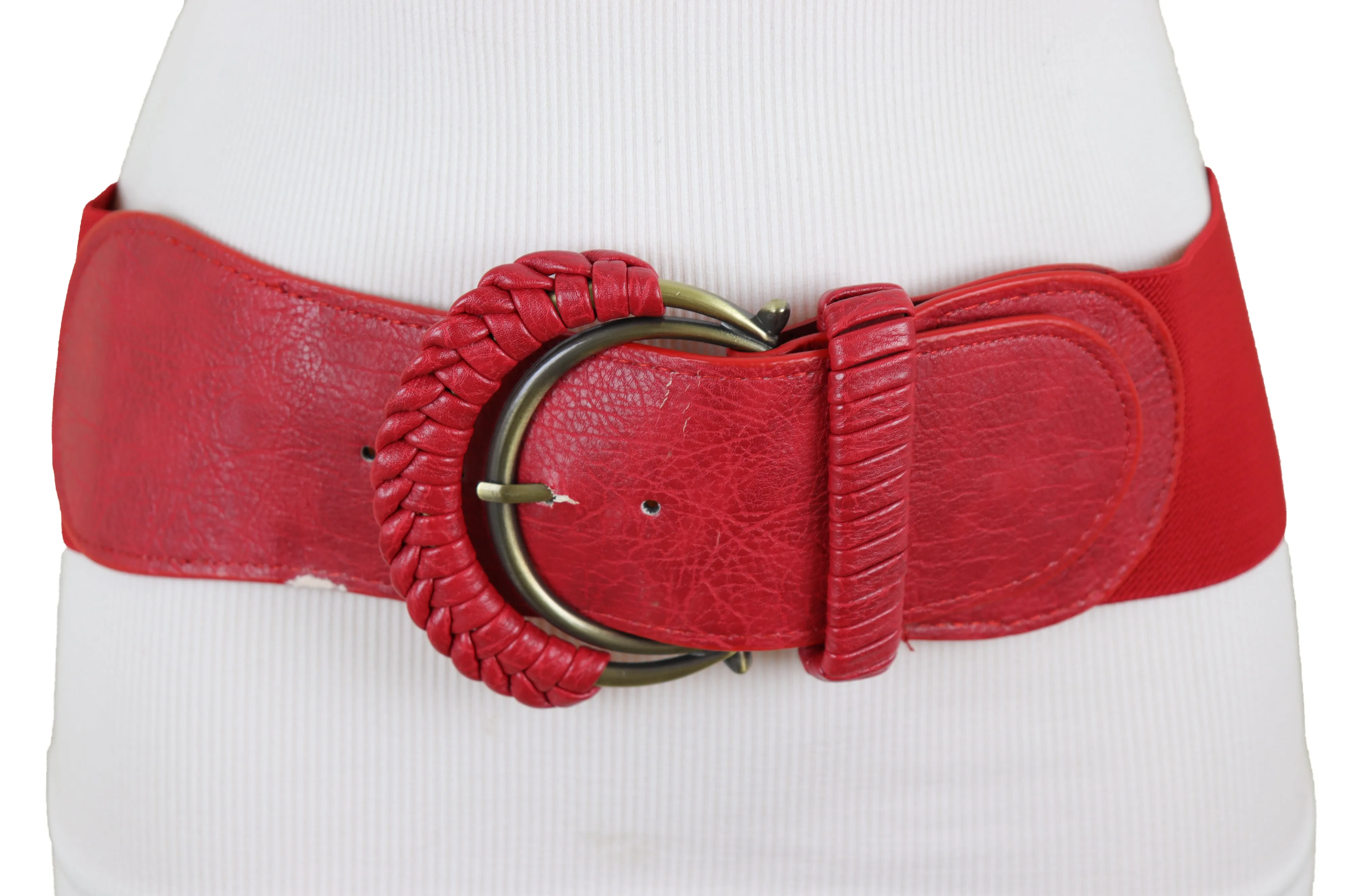 Red Elastic Waistband Belt Hip High Waist Gold Buckle Fit Size S M