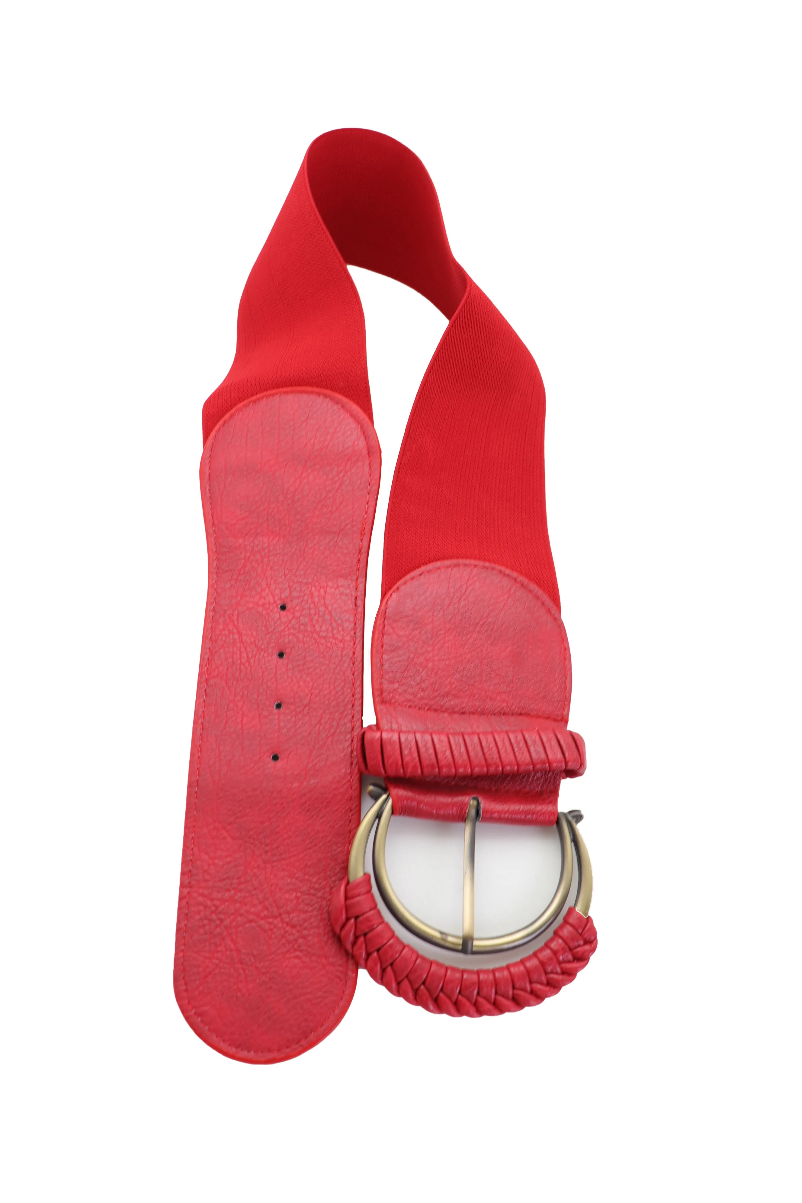 Red Elastic Waistband Belt Hip High Waist Gold Buckle Fit Size S M