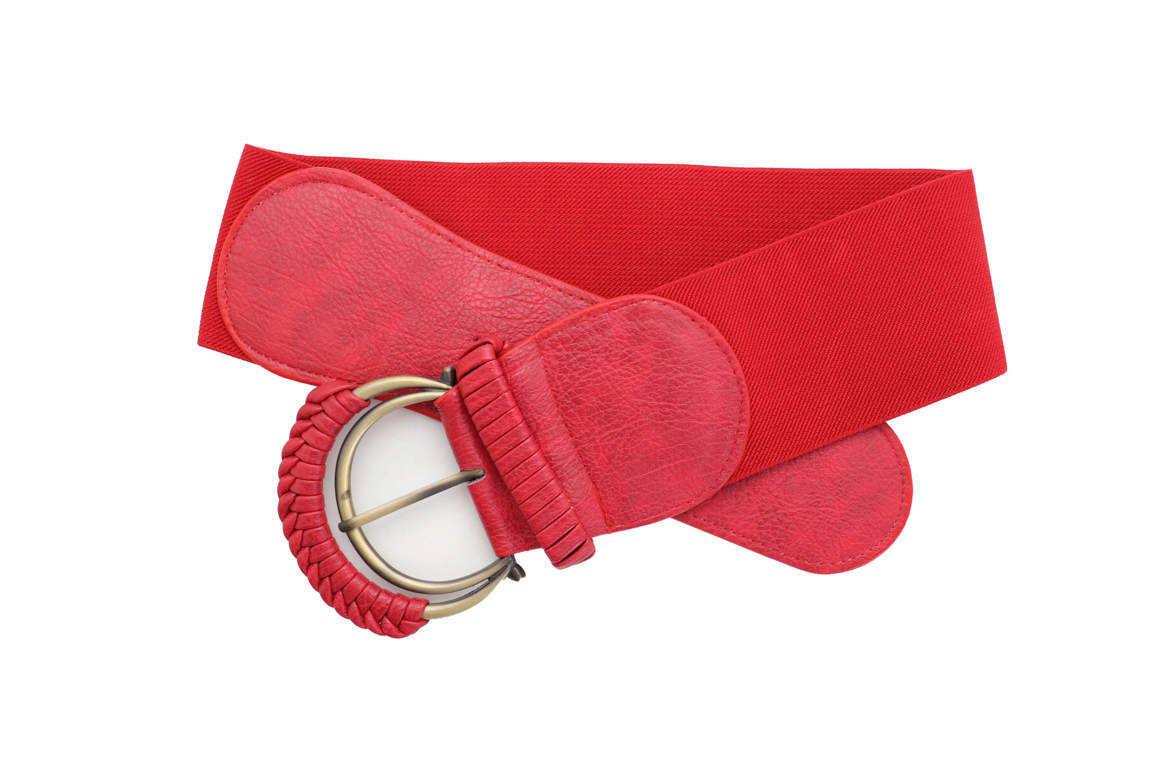 Red Elastic Waistband Belt Hip High Waist Gold Buckle Fit Size S M