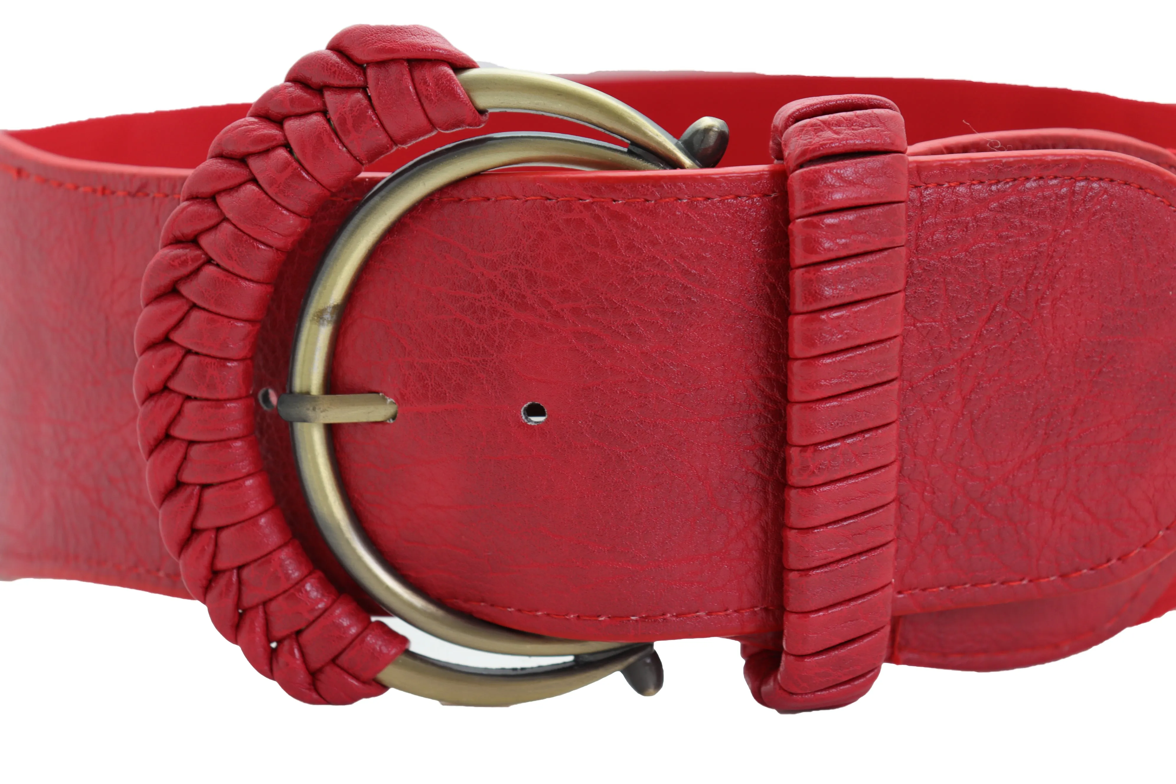 Red Elastic Waistband Belt Hip High Waist Gold Buckle Fit Size S M