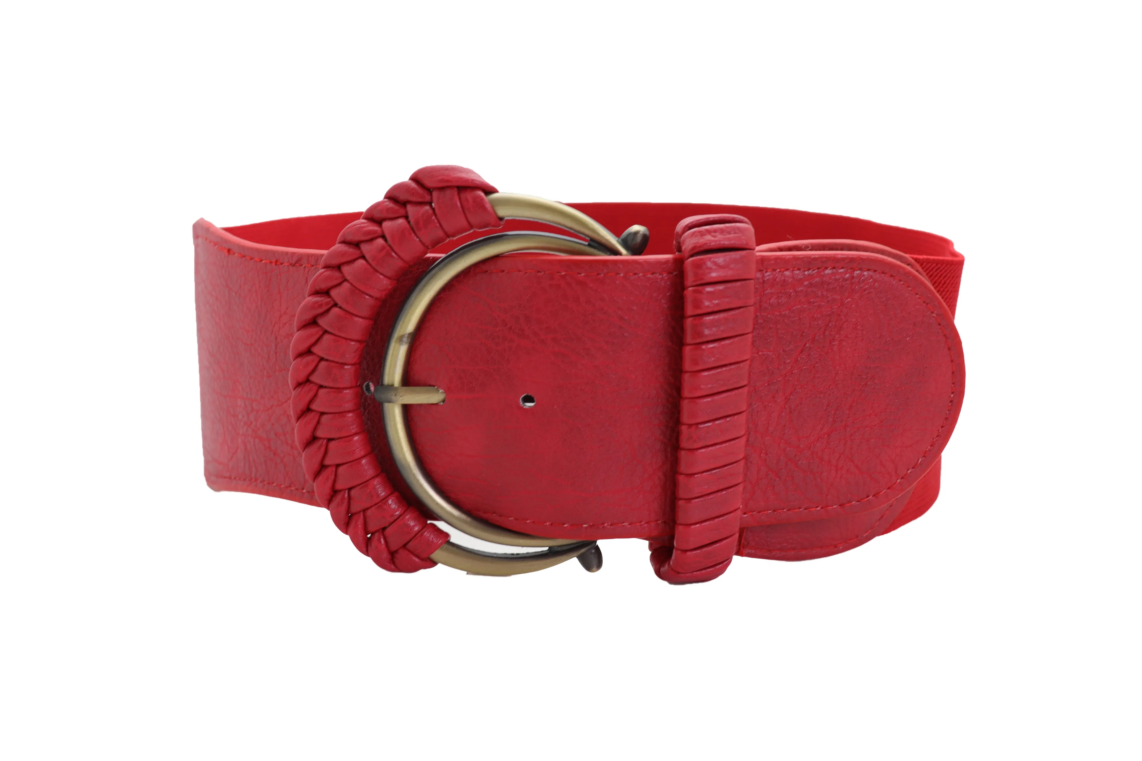 Red Elastic Waistband Belt Hip High Waist Gold Buckle Fit Size S M