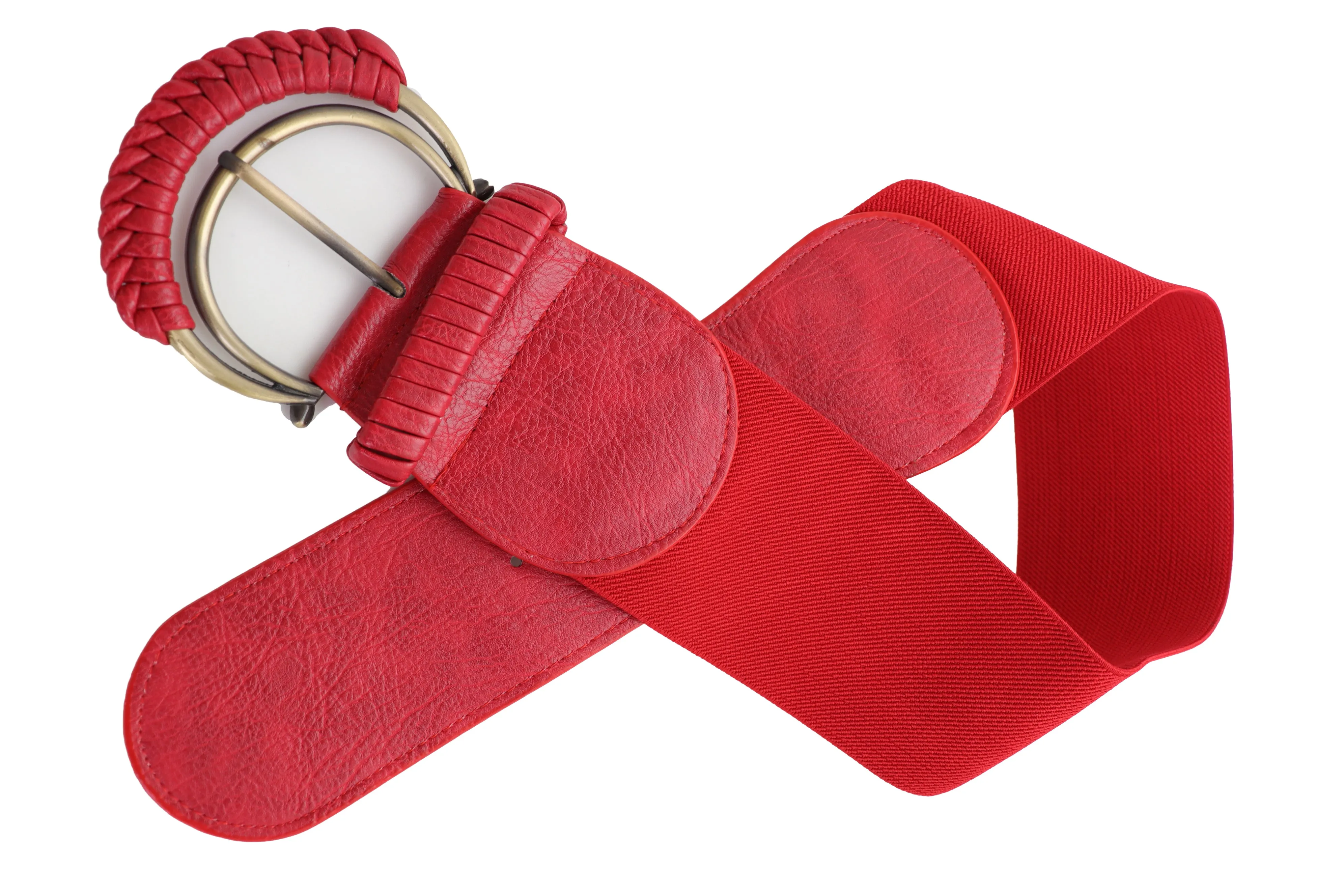 Red Elastic Waistband Belt Hip High Waist Gold Buckle Fit Size S M