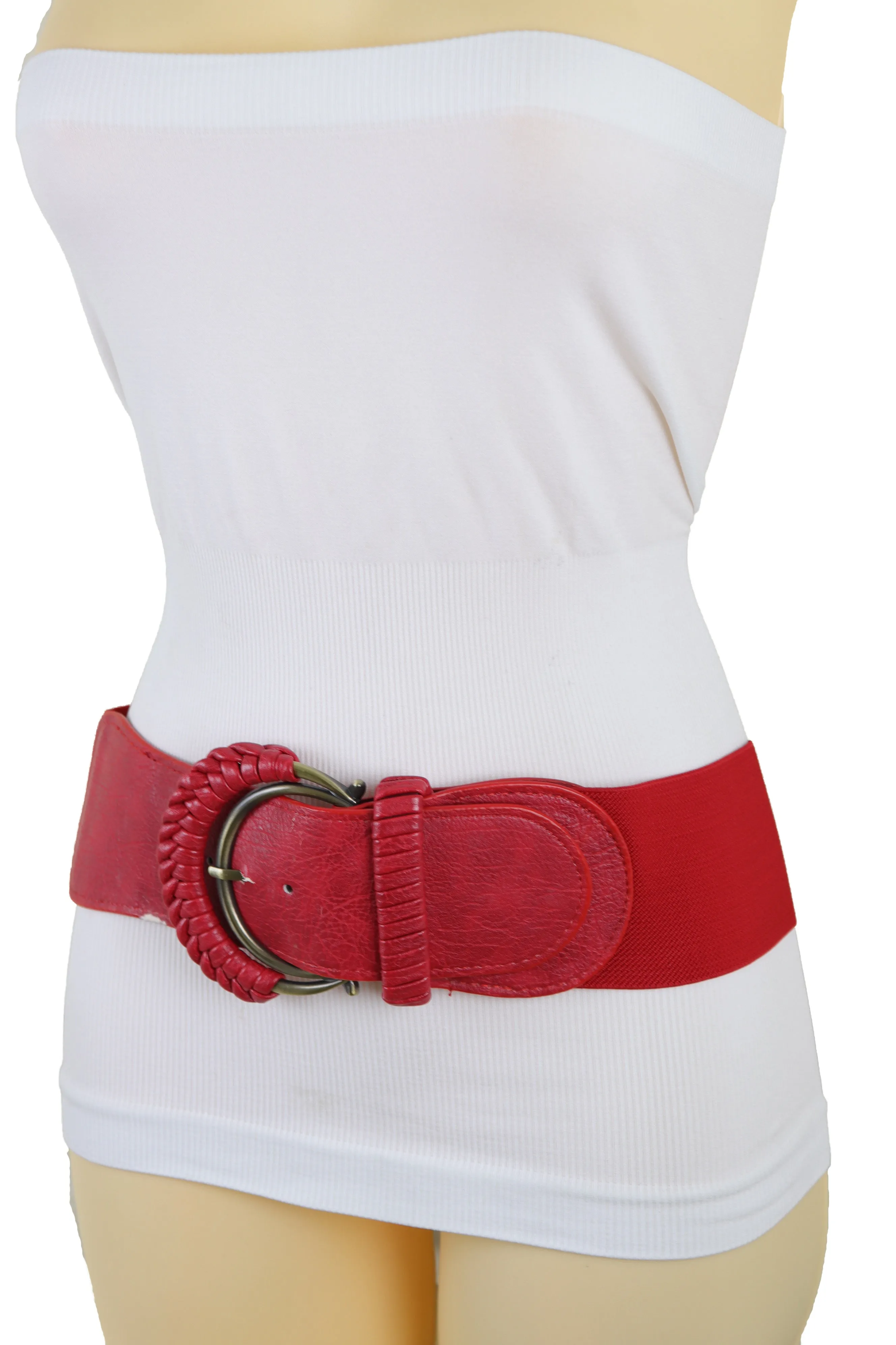 Red Elastic Waistband Belt Hip High Waist Gold Buckle Fit Size S M