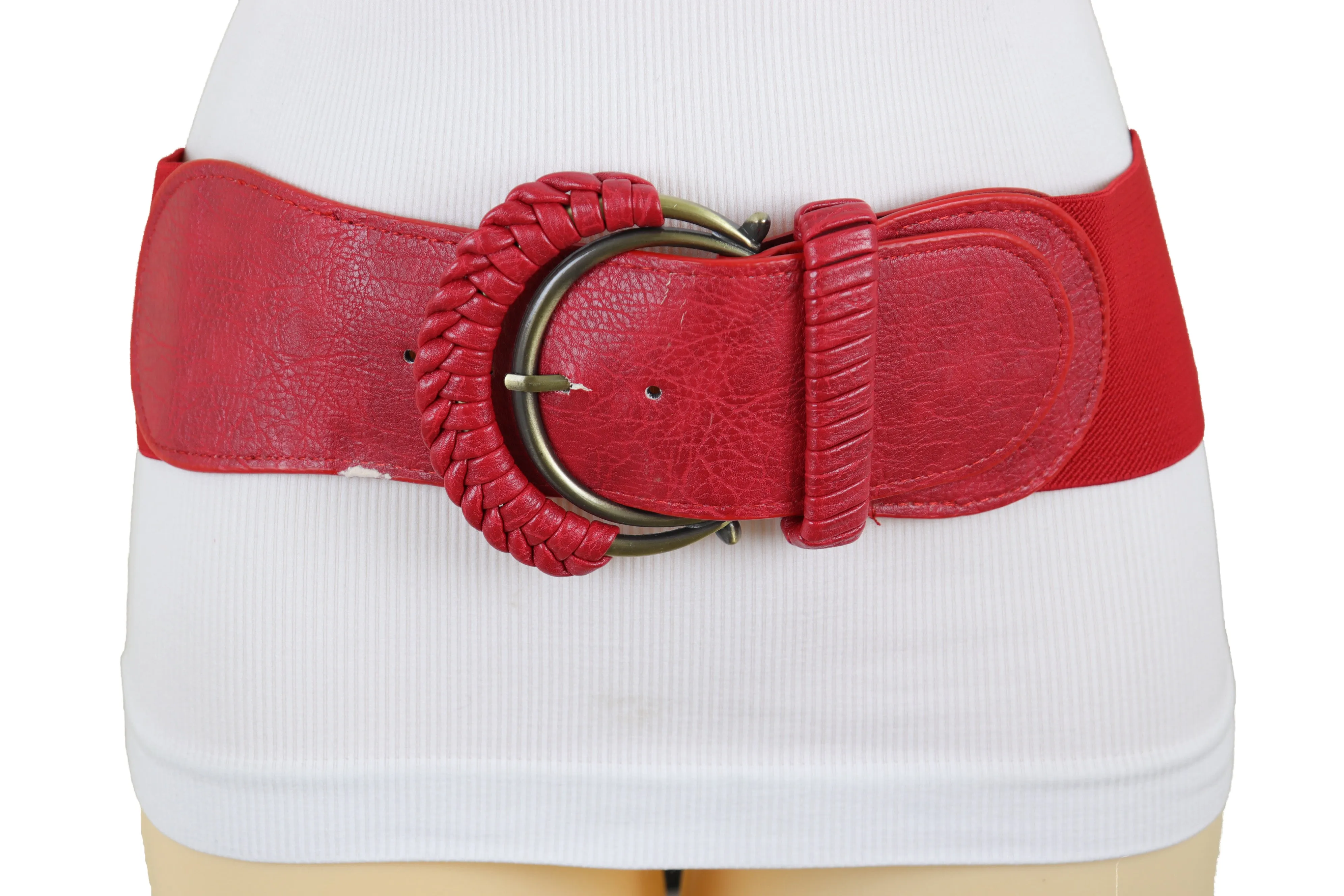 Red Elastic Waistband Belt Hip High Waist Gold Buckle Fit Size S M