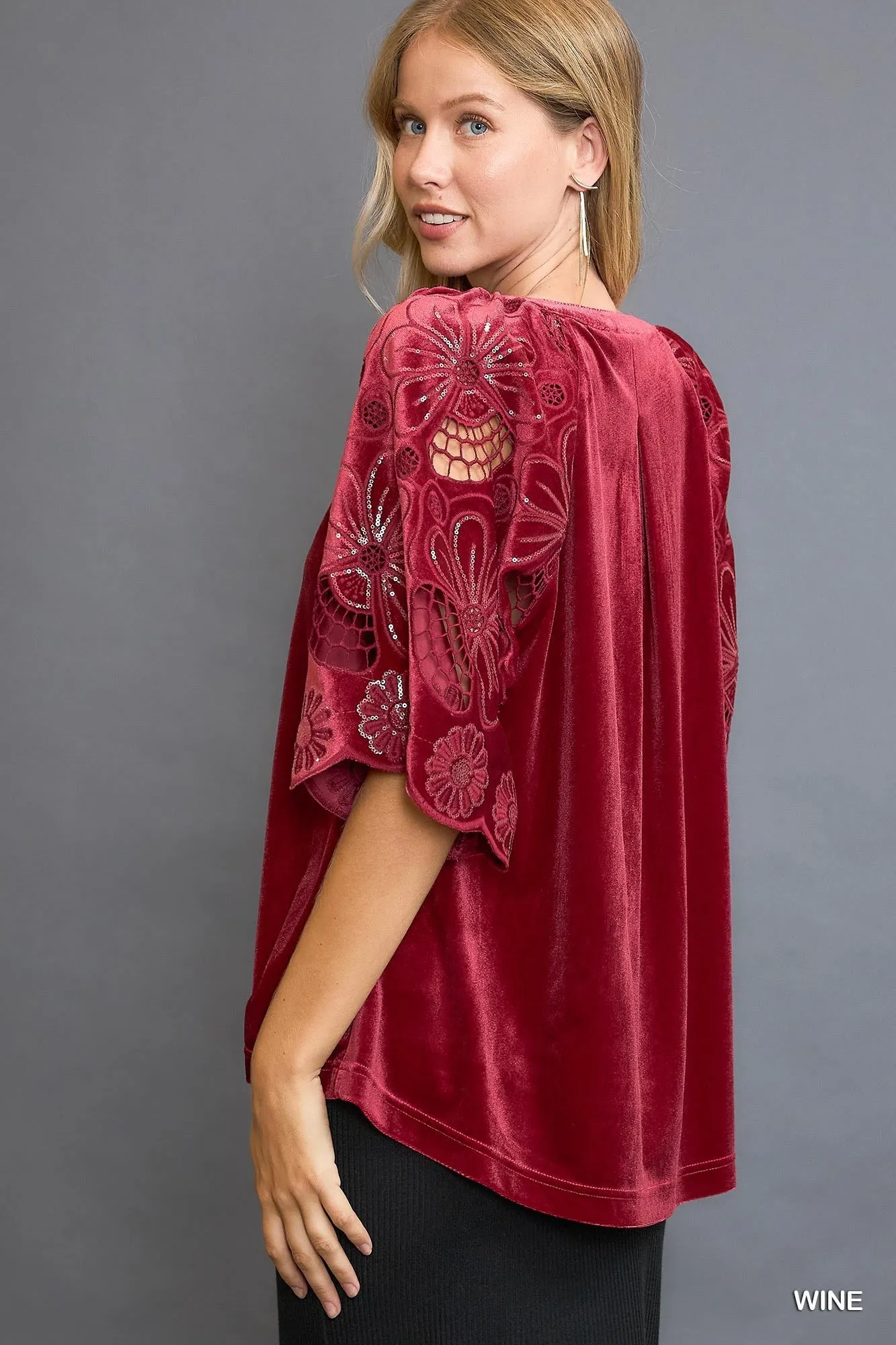 Red Wine Velvet Top w/ Cut Out Lace Sleeves
