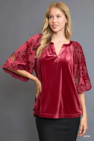 Red Wine Velvet Top w/ Cut Out Lace Sleeves