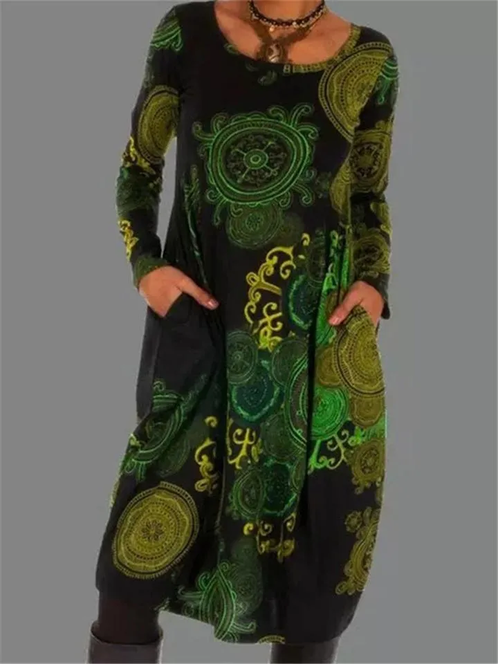 Retro Bohemian Print Loose Pullover Long Sleeve Pocket Dress