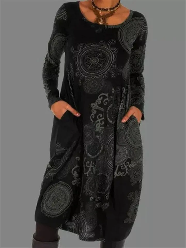 Retro Bohemian Print Loose Pullover Long Sleeve Pocket Dress