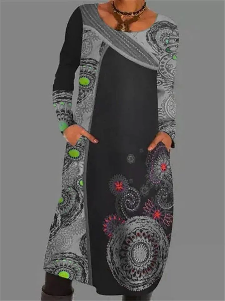 Retro Bohemian Print Loose Pullover Long Sleeve Pocket Dress