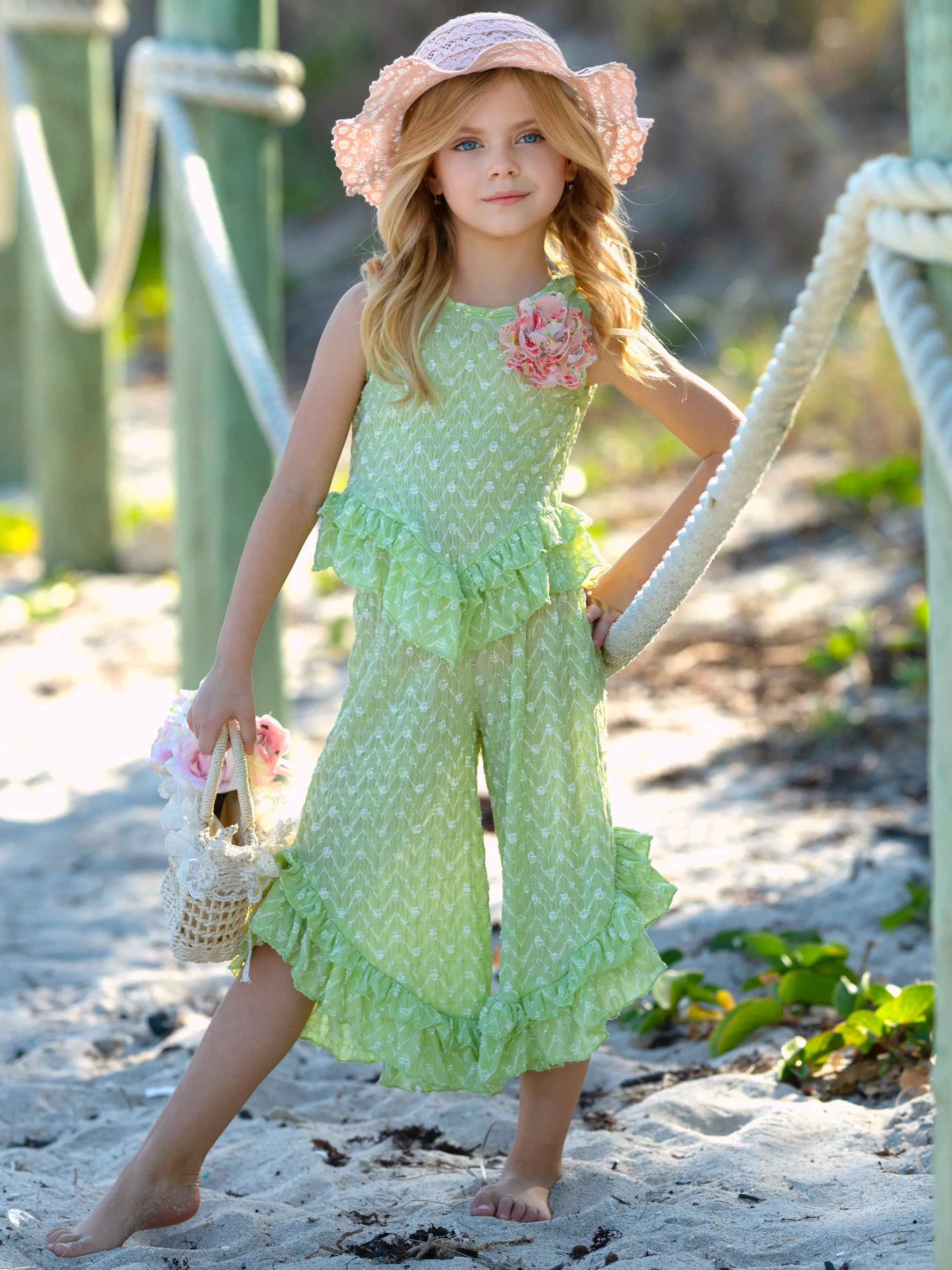 Sage Oasis Lace Top and Ruffle Pants Set
