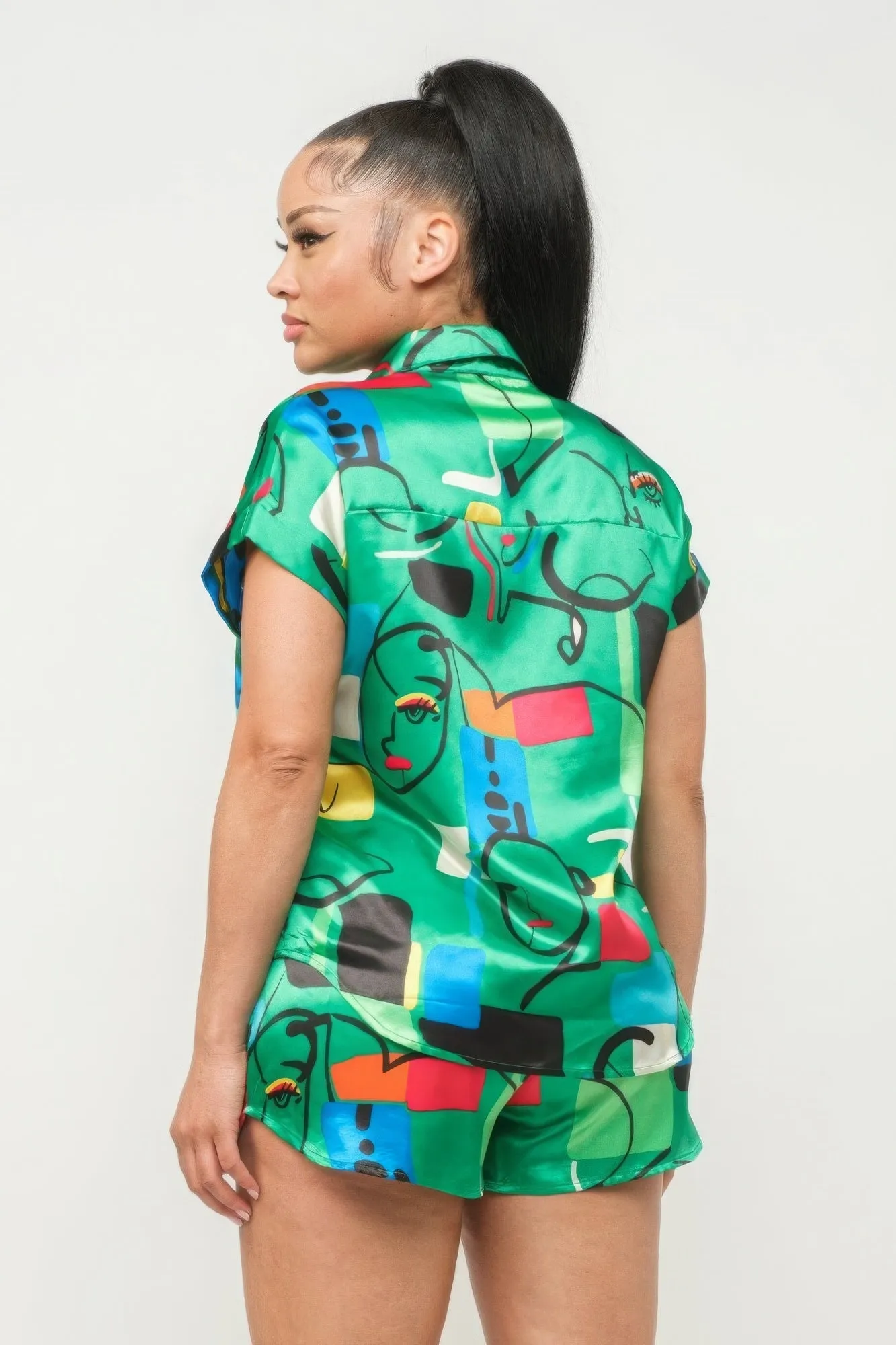 Satin Print Top And Shorts Set