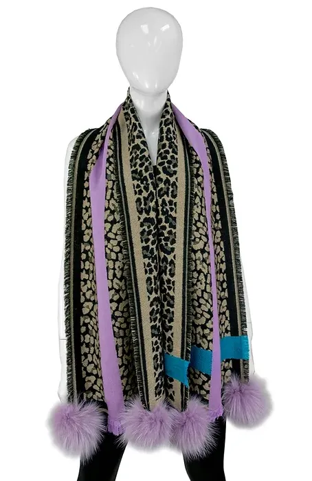 SCAJ11 - Narrow Contrasting Stripe/Animal Print Scarf w/ Fox Poms