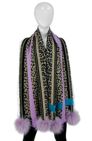 SCAJ11 - Narrow Contrasting Stripe/Animal Print Scarf w/ Fox Poms